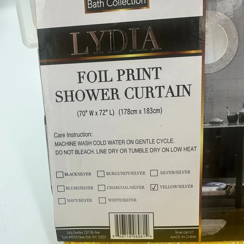 Sally‎ Bath Collection Lydia Shower Curtain 70x72 Yellow Silver Foil Print Glam